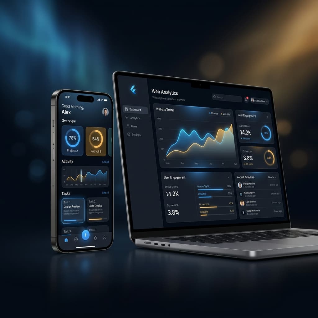 Skymarica product dashboard showing Flutter app and web analytics side by side