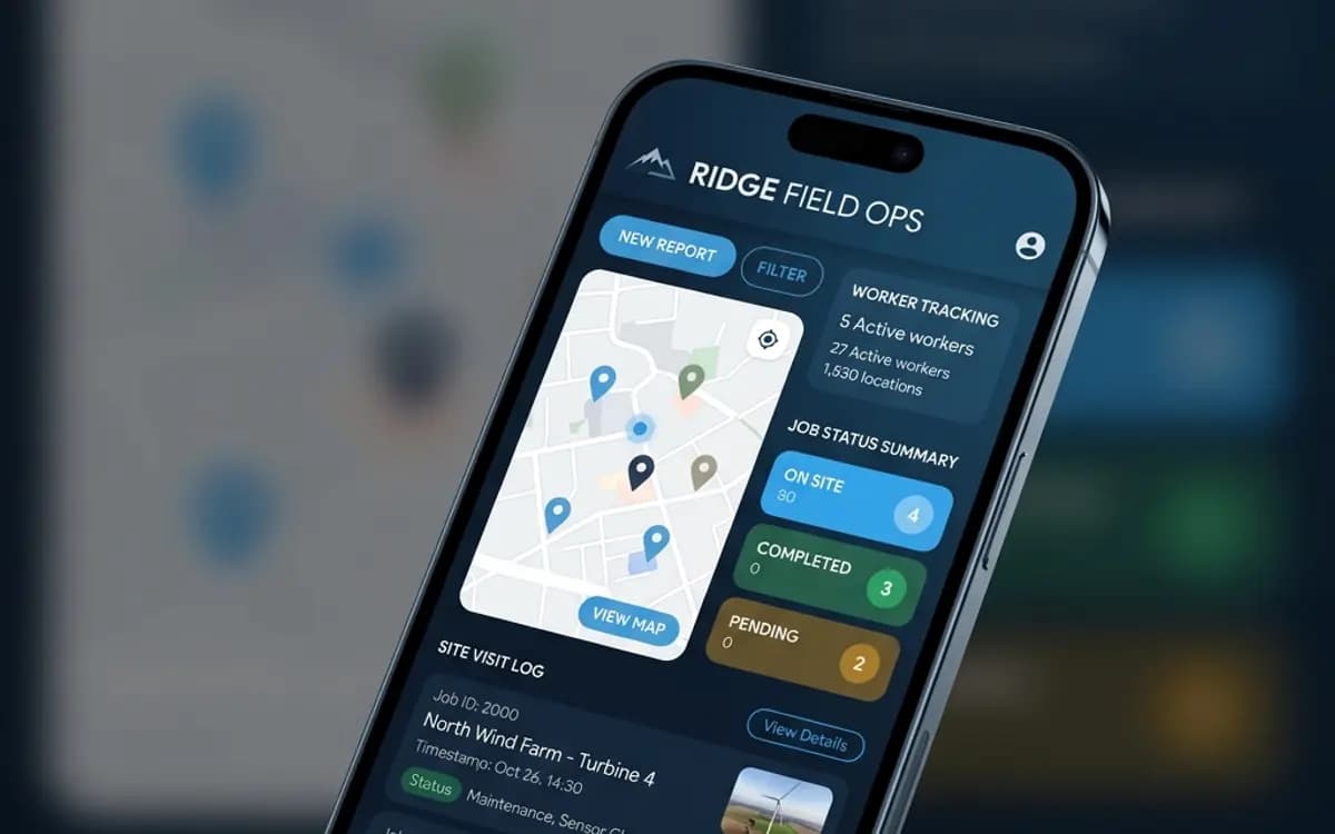 Ridge Field Ops concept — Flutter field-ops app UI for site visits, photos, and status logging
